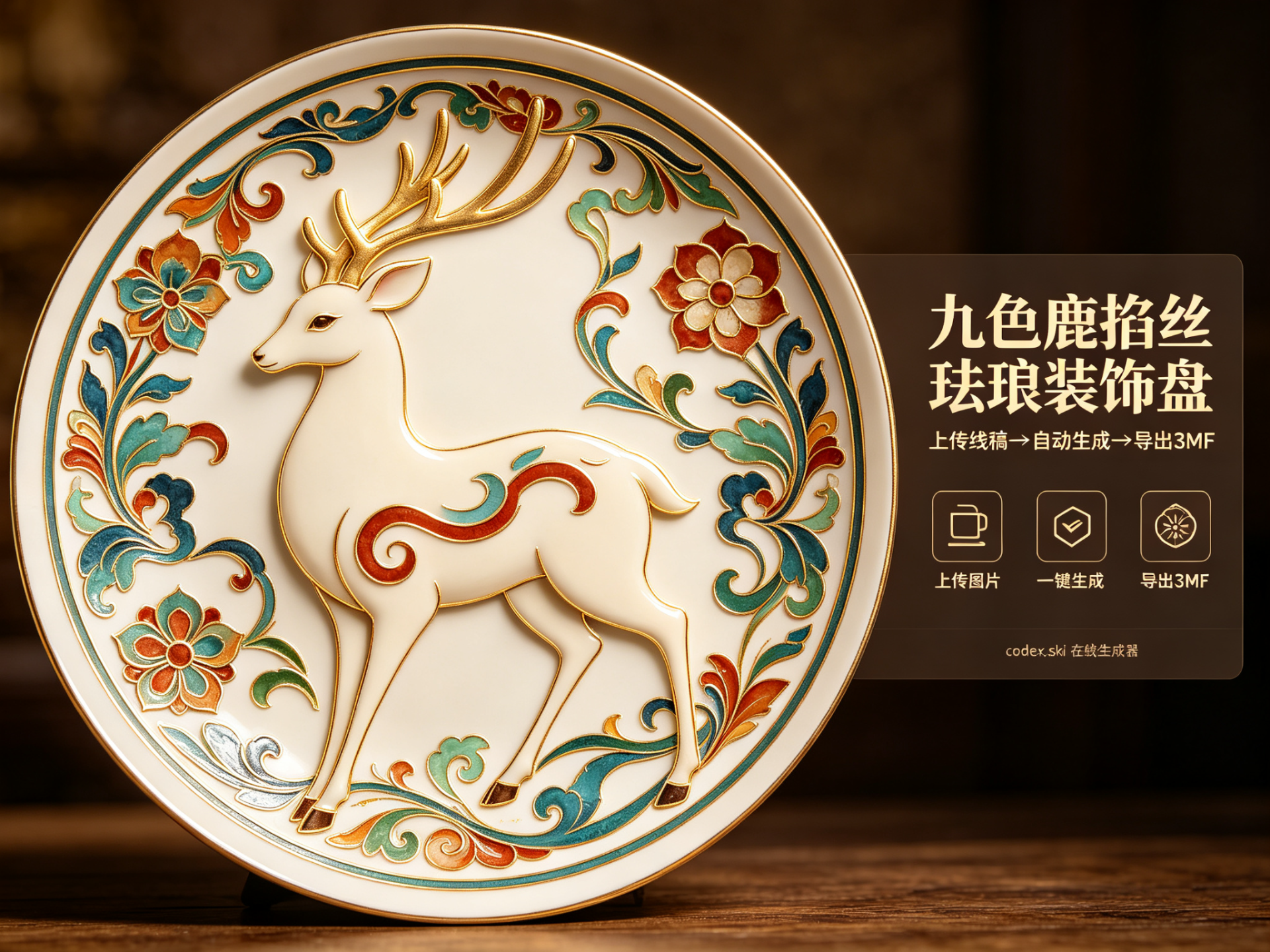 九色鹿掐丝珐琅装饰盘·敦煌瑞兽金丝线摆件