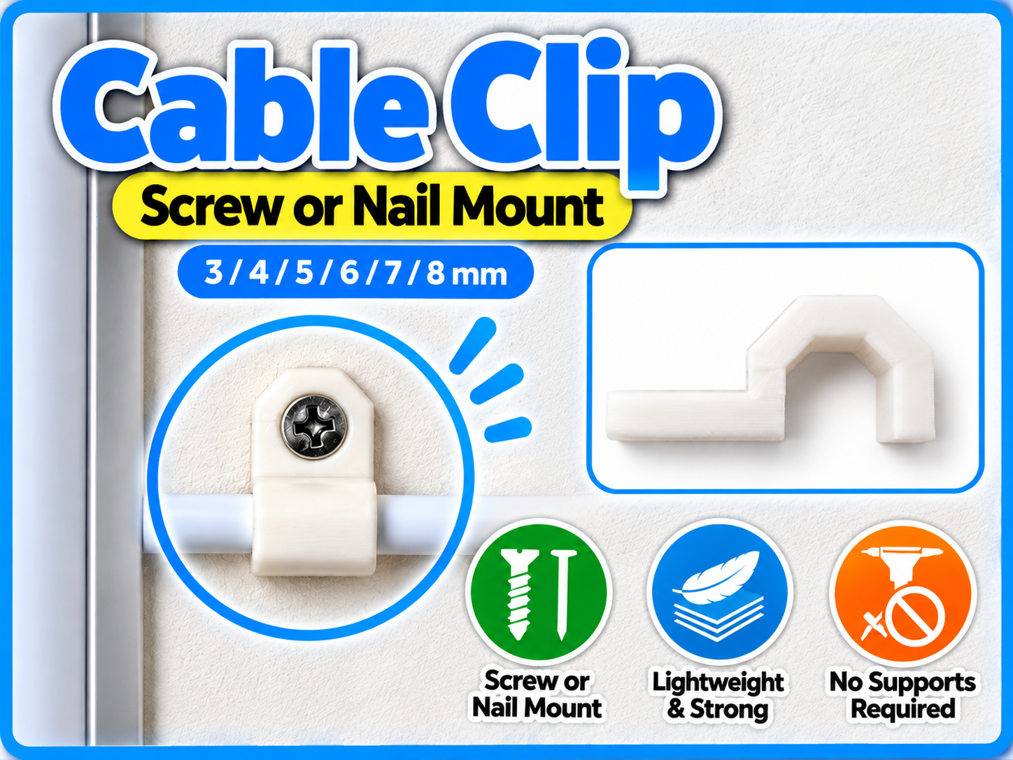 Cable Wall Clips – Screw & Nail Mount | 3–8 mm