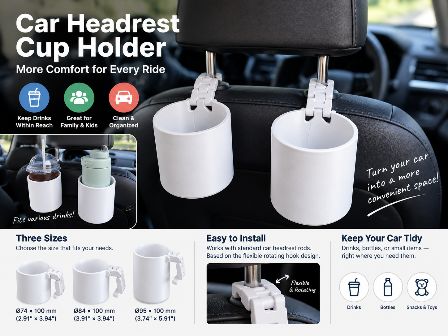 Flexible Car Headrest Cup Holder – 3 Sizes