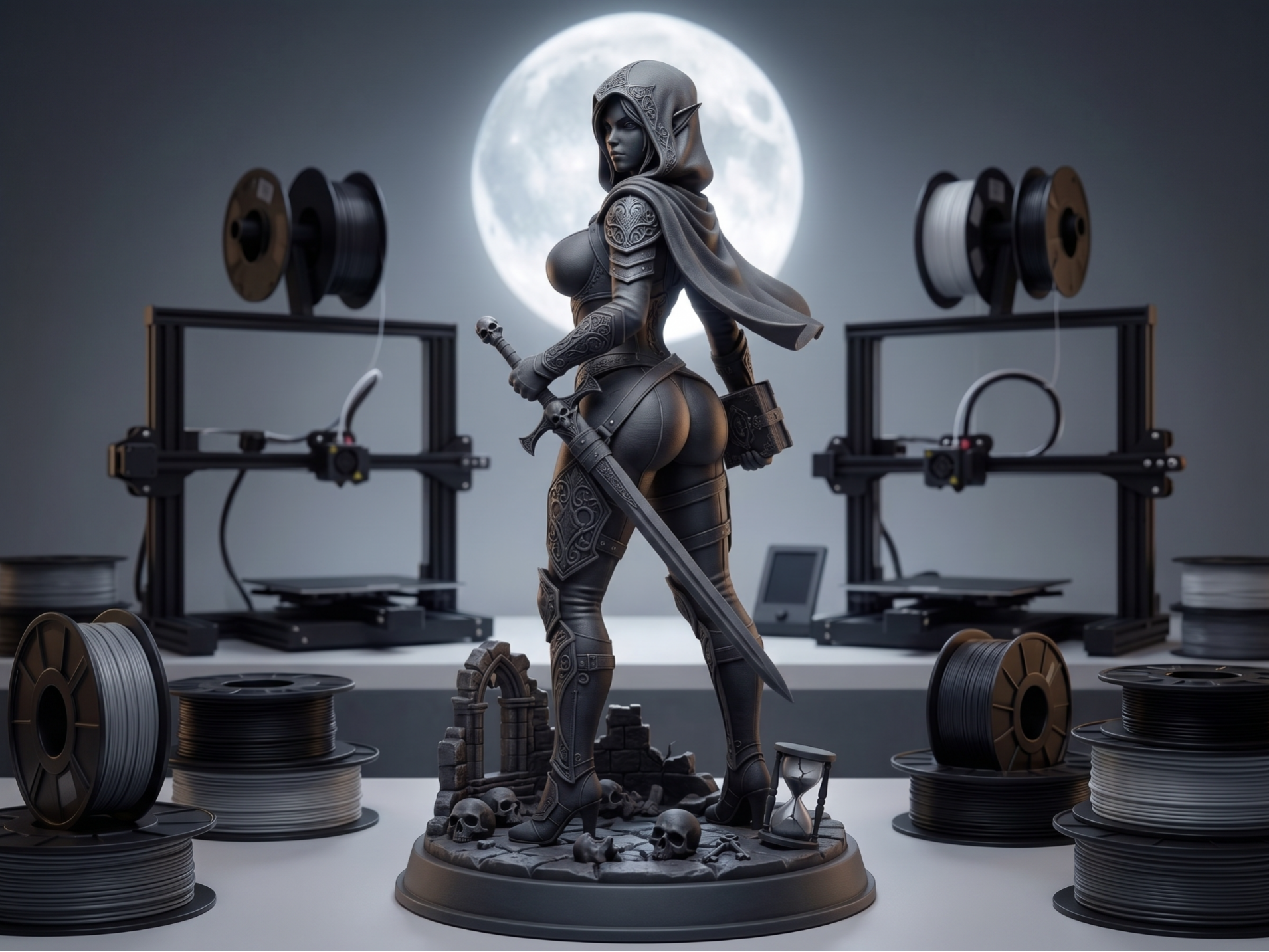 Sexy Halloween Elf Assassin on Graveyard Sculpture