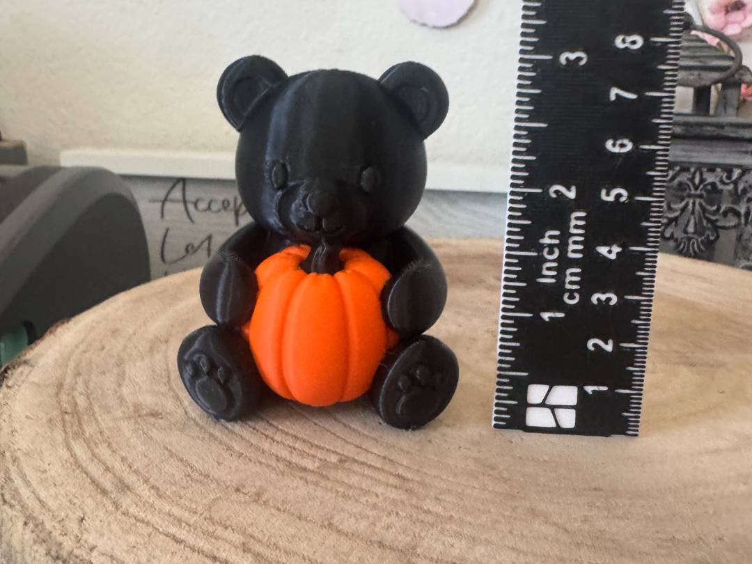 Teddy Bear holding a pumpkin.