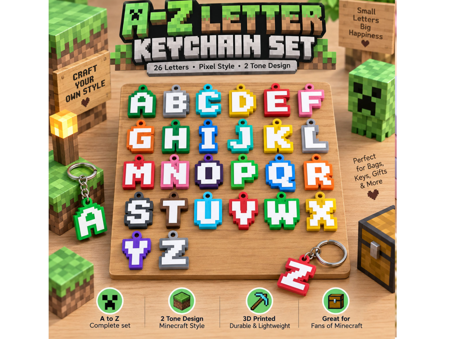 Pixel Minecraft A–Z Letter Keychain Alphabet Charm
