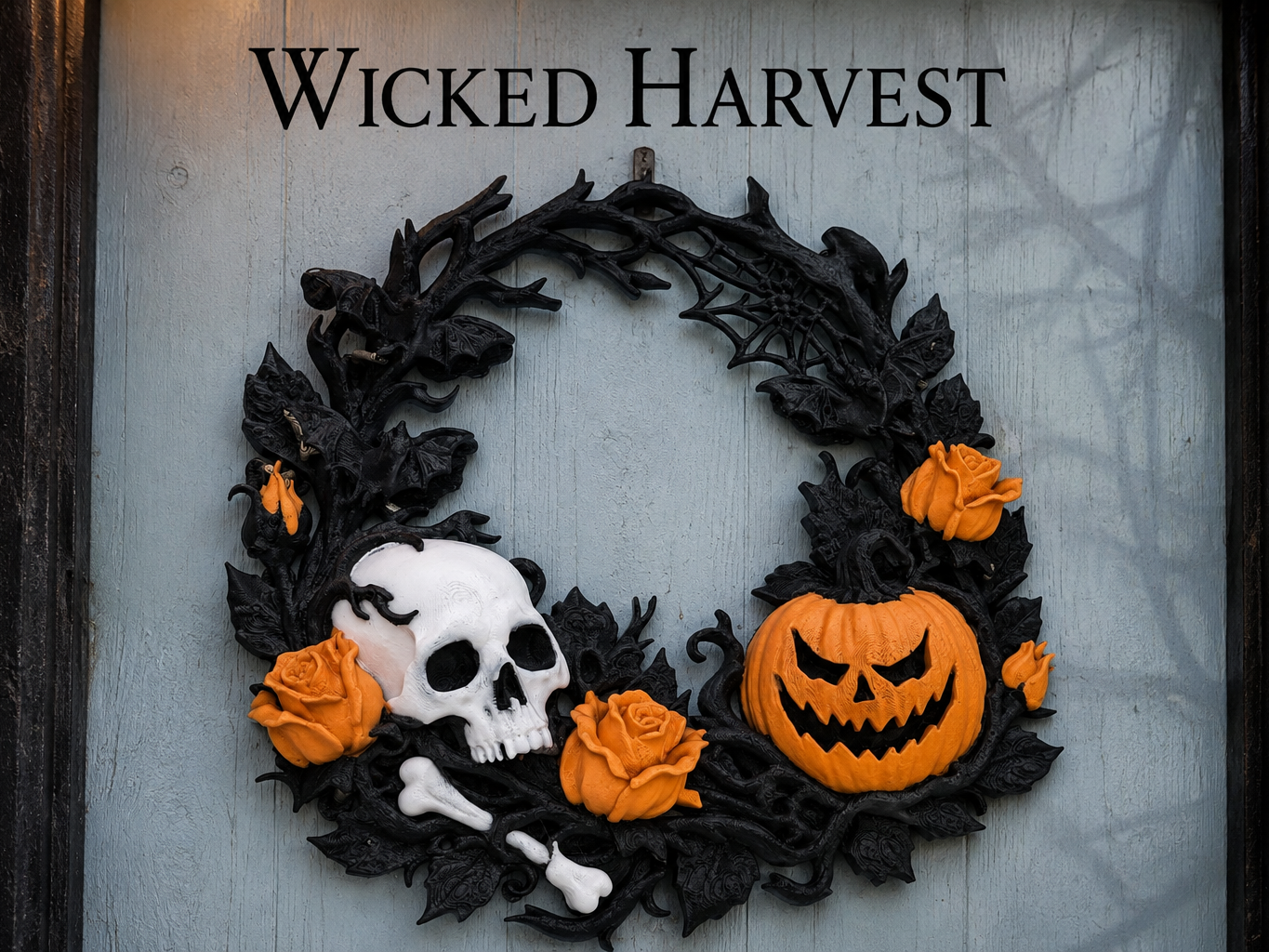 Wicked Harvest – Skull & Pumpkin Halloween Wreath