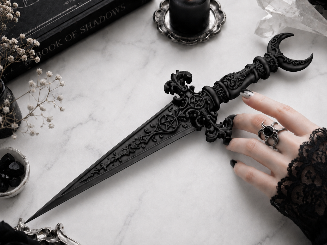 Goth Moon Pentacle Ornate Athame Dagger Decor