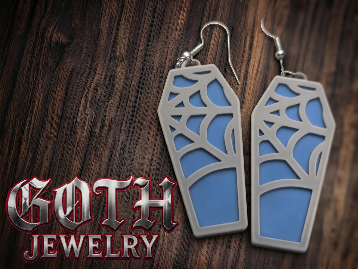 Goth Jewelry - Coffin spiderweb earrings