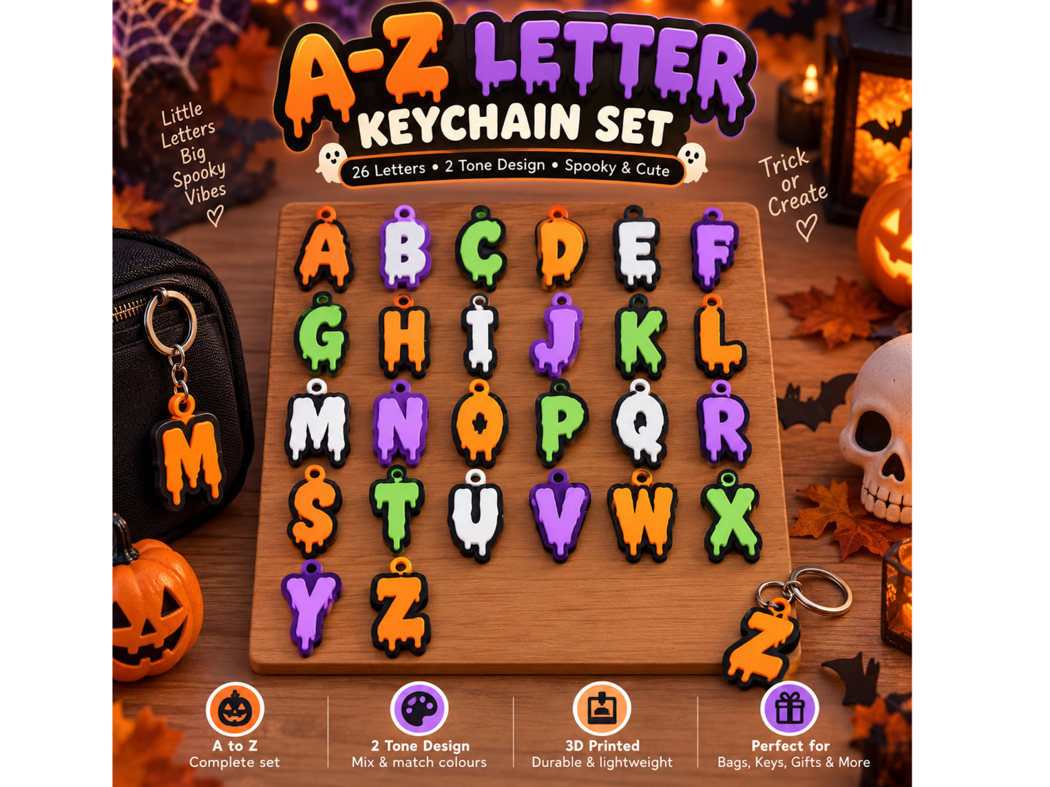 Halloween Alphabet Letter Keychain Creepy Charm