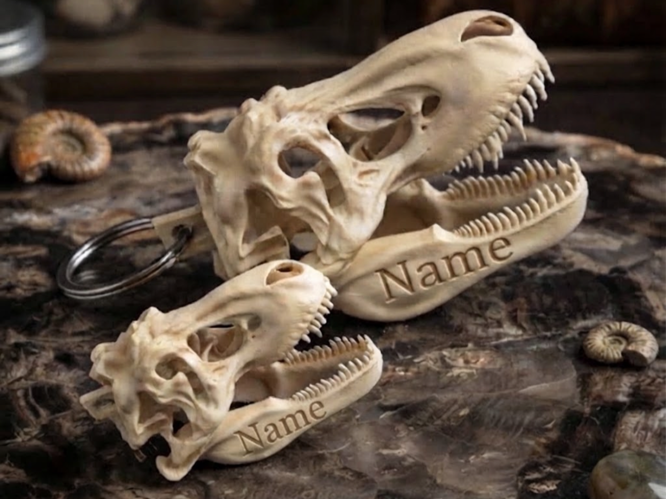T-Rex Skull Keychain - Customizable Name Tag