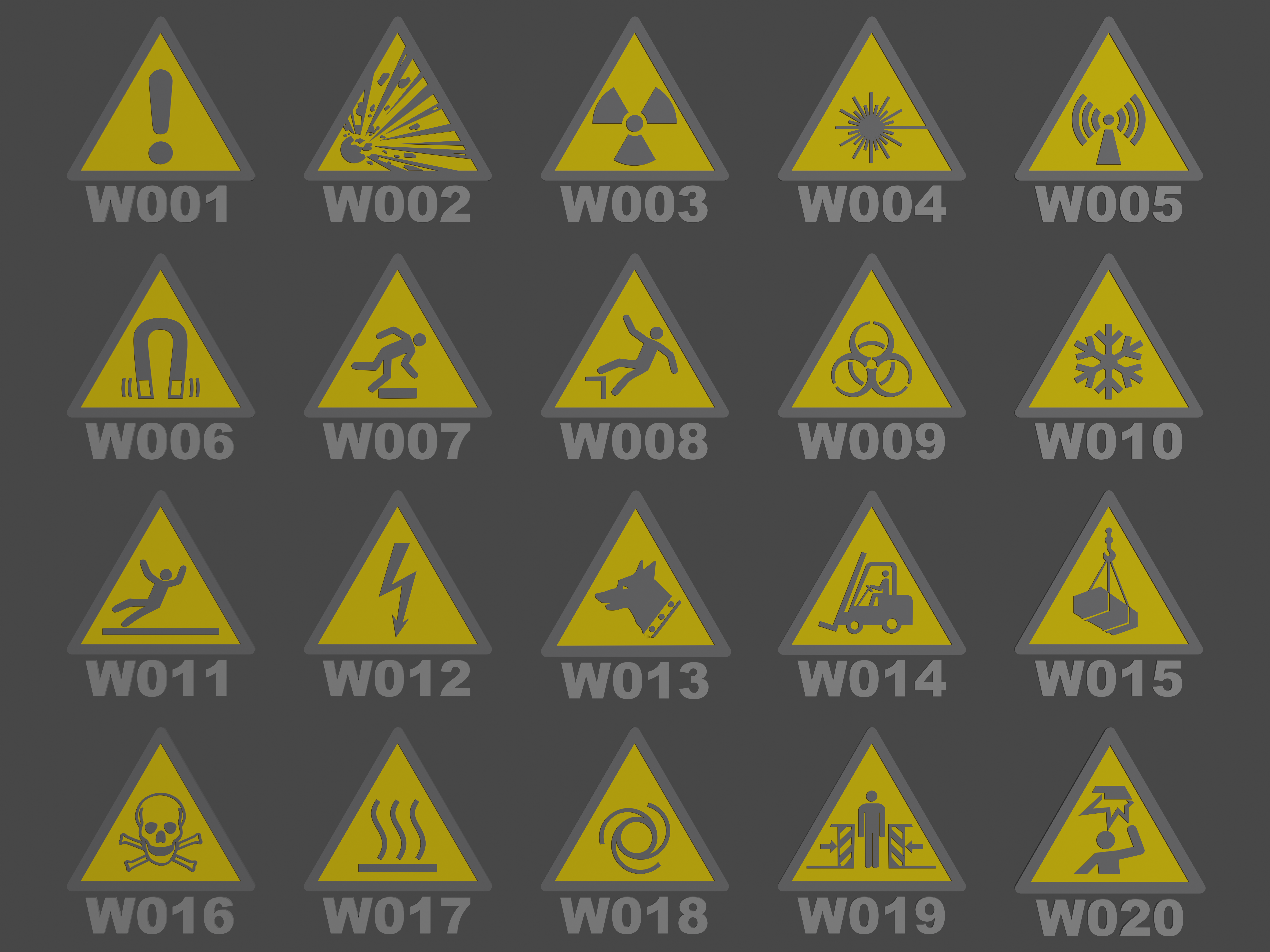 ISO 7010 Warning sign collection (complete) / Warnzeichen Sammlung (vollstΓ€ndig) (W001 - W067)