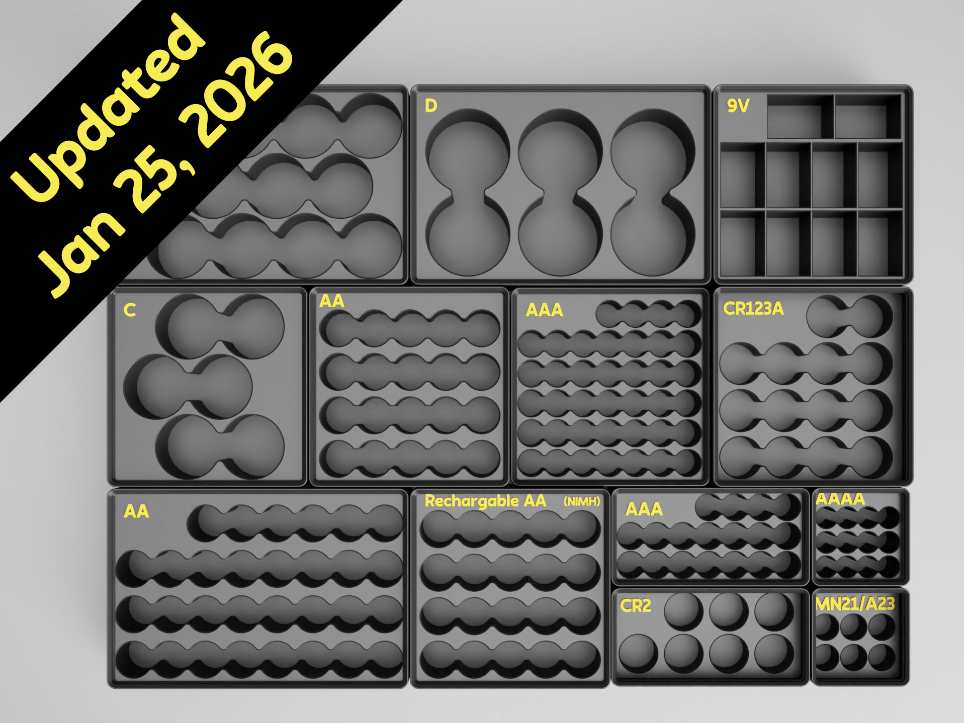 Gridfinity Stackable Battery Storage for Cylindrical & 9V Batteries (AA, AAA, AAAA, C, D, CR2, CR123, MN21/A23 & 9V)