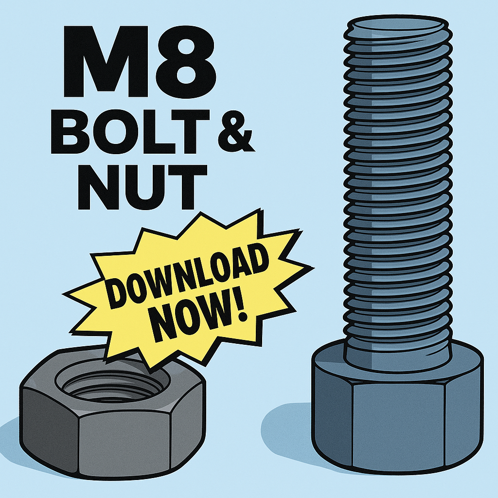 M8 Γ 1.25 mm Screw and Nut (3D Printable, ISO Metric Thread)