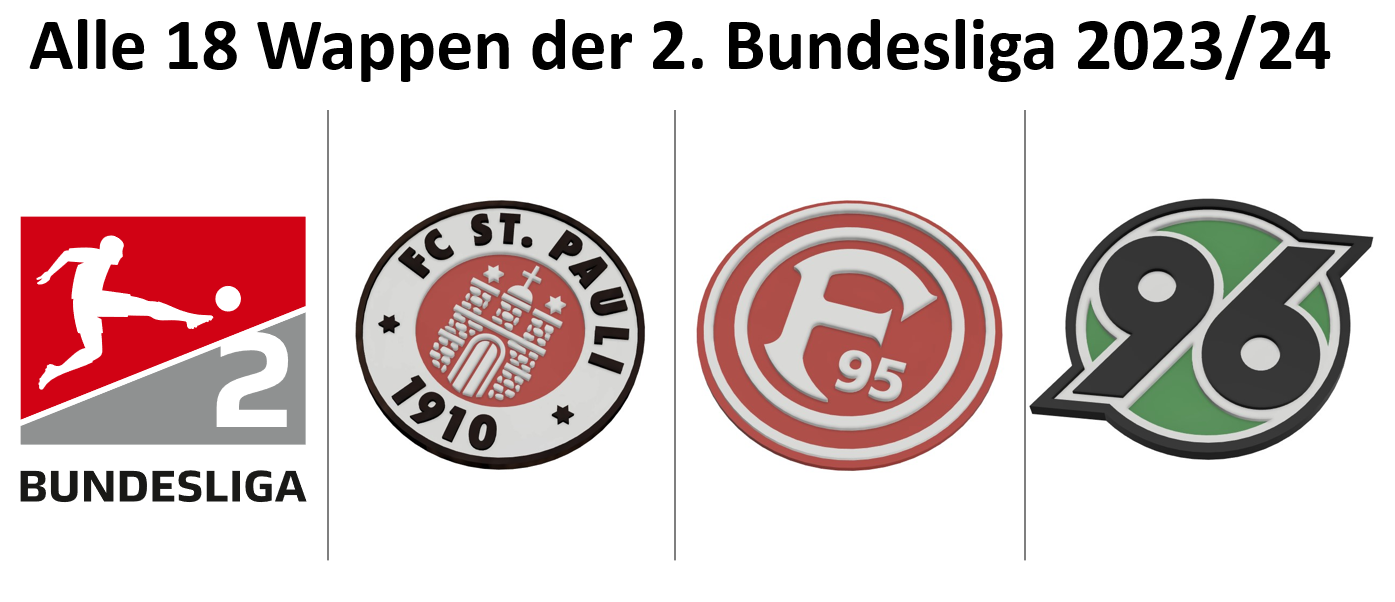 2. Bundesliga - alle 18 Vereinswappen 2023/24