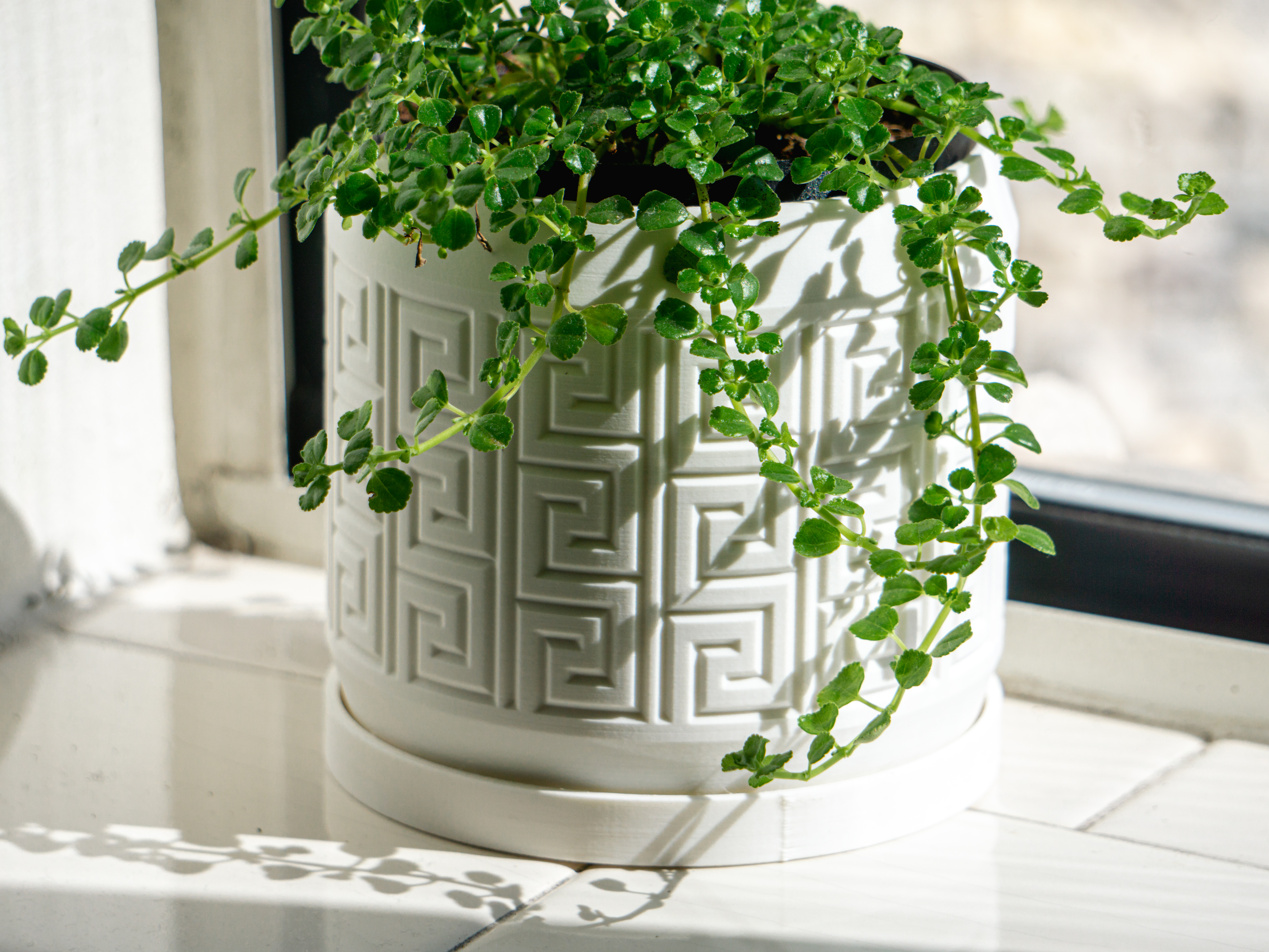 Aztec Pattern Debossed Planter Pot, with Drainage Holes, Drip Tray