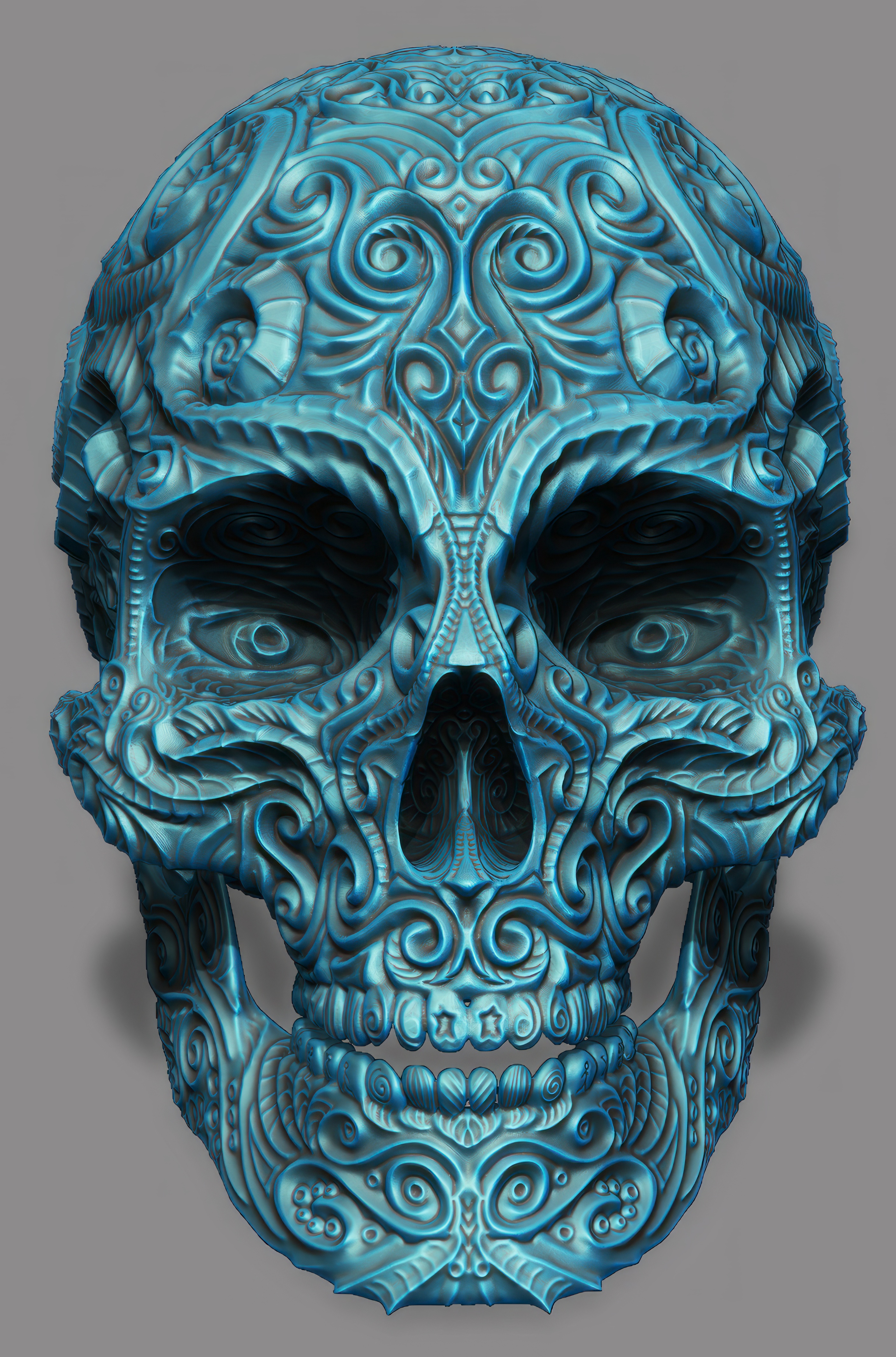 Decorative Filigree Scroll-Work Carved Style Skull.