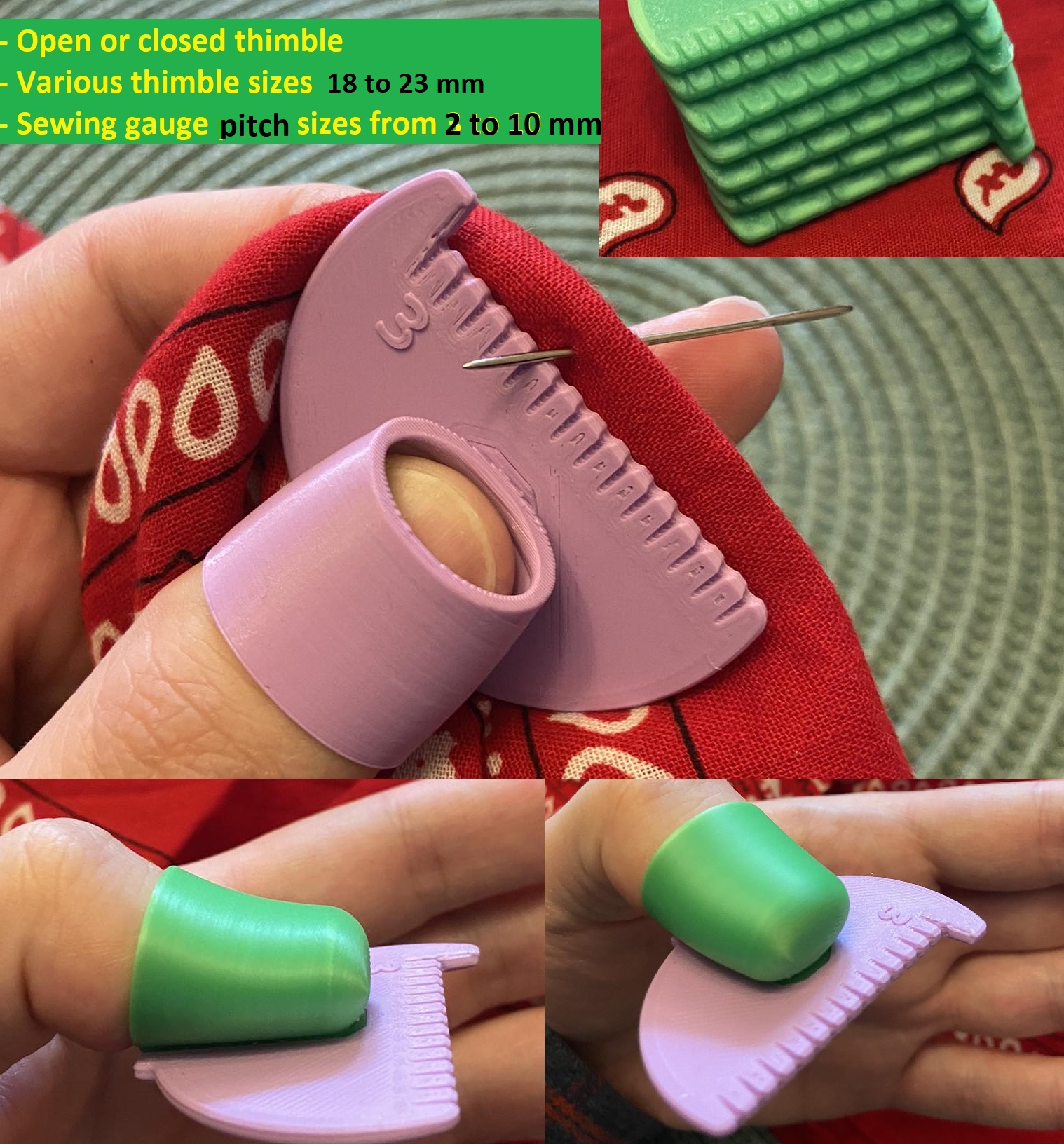 Improved Template for sewing - various thimble sizes, pitch sizes from 2 to 10 mm and 1/16" to 3/8"