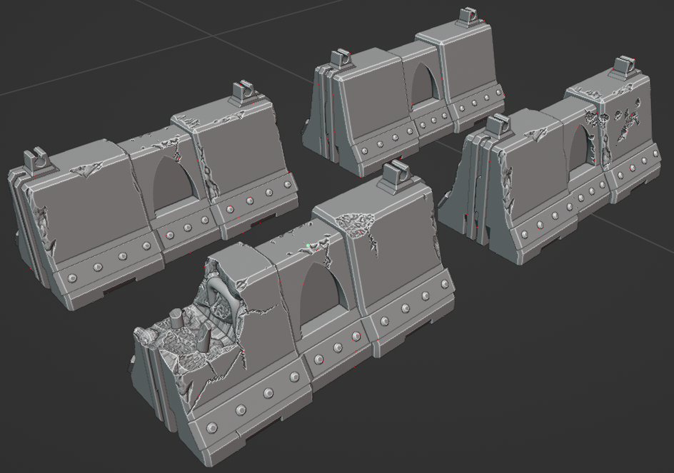 Grimdark scatter terrain concrete barriers for wargaming.