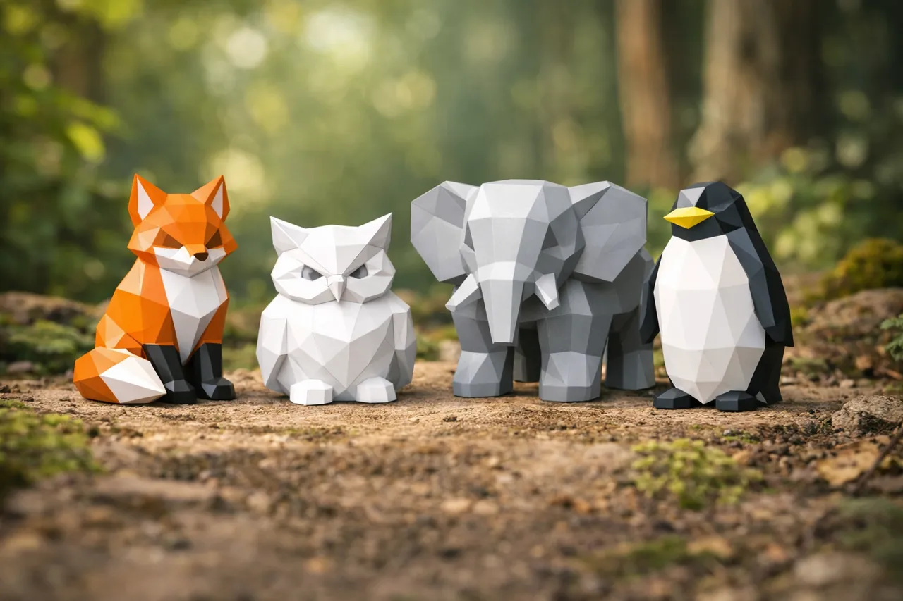 Low Poly Animal Set β Fox, Owl, Elephant & Penguin | Easy 3D Print
