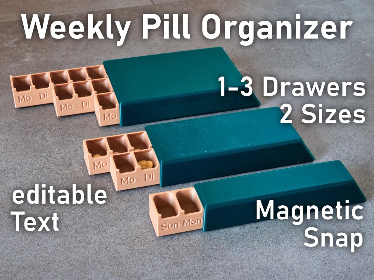 Magnetic Weekly Pill Organizer with Sliding Drawers β Customizable Text, Modular Design